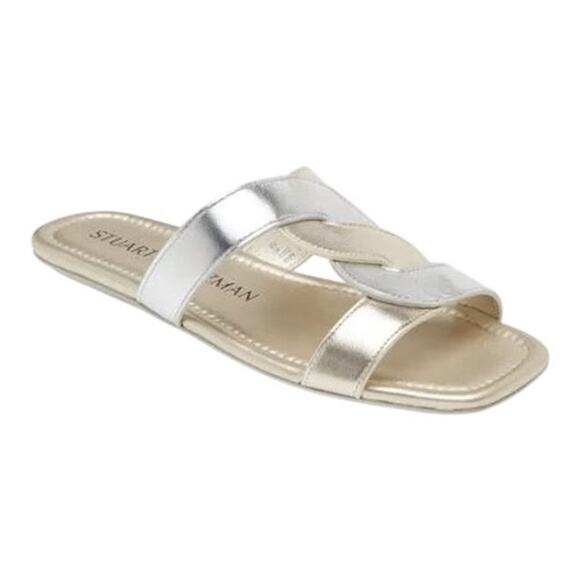 NEW Stuart Weitzman 7.5 Ibiza Woven-Strap Flat Slide Sandal Metallic Silver Gold - Picture 3 of 12